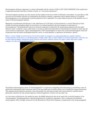 Electromagnetic dielectric capacitance is a direct relationship with the velocity of EM in ANY GIVEN MEDIUM. If the medium has
0 capacitance potential, then there is infinite velocity, or a “zero-time-transmission”.
The electromagnetic geometry can only saturate into the medium at the rate at which is defined by said medium. As such light or, EM,
can only travel at luminal velocities as constrained by the dielectric medium’s capacitance and its spatial relation of 1/Csquared.
Electromagnetism is not a phenomenal or particle projection, this is impossible. It is a pure inductive process of the dielectric core, or
nature of all electromagnetic radiation.
Magnetism circumferential and dielectric is only radial however its 3D nature of self-termination is a toroid. Dielectricity forms
toroidal closed loops (doughnut shape) in movement as it is induced (pulsed) in the electromagnetic reciprocation of
electromagnetism. The perpendicular transverse electrical component as induced by the reciprocating magnetism thru the radial
dielectric center ‘conductor’ causes, either linear or circular (or otherwise) polarization of electrification to manifest at which type the
cycle reverses in reciprocation. Again, electromagnetism is NOT electromagnetic in nature, but an electrical and magnetic transverse
reciprocation thru the radial counterspatial dielectric carrier, to which Quantum, in ignorance, has deemed a “photon”.
Below: A torus of light as seen between a ferrocell in which two magnets are undergoing dielectric spatial voidance.
Comprehension of why there is a shrinking sphere of light rather than a radial collapse is of utmost importance. Likewise can
be seen with iron filings. Spatial divergence must be necessarily voided by means of a sphere rather than sheer radial
voidance. See the section on the hyperboloid.
The dielectro-electromagnetic nature of “electromagnetism” is a transverse conjugating and reciprocating co-axial binary vortex of
spatial and counterspatial radial emanations which is the most stable and, of course, natures way of matter-free energy transmission.
This magneto-electric-dielectric geometry is the only possible, the only logical model, and is necessitated by countless known
phenomena, therefore the only accurate depiction of electromagnetism. It cannot exist any other way.
As is the nature of dielectricity, the smaller the space, the MORE dielectricity that can be stored, this is why the frequency of an
“electromagnetic” bounding geometry is directly proportional to its dielectric capacitance. This is evidenced in the dielectro-
electromagnetic effect (wrongly conceived of as the photoelectric effect) where frequency is proportional to the energy propagated.
 