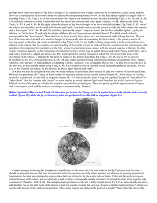 perhaps more often the chariot of the Sun is thought of as running on twin wheels connected by a common axle tree (aksa), and this
involves a consideration of the world from two distinct but inseparable points of view. As the Sure shines equally for angels and for
men (leg Veda, I, 50, 5, etc.), so of the twin wheels of his chariot one touches Heaven, the other Earth (Rg Veda, I, 30, 19, and. X, 85,
18); and their common axle tree is identified with the axis of the universe that holds apart (vitaram, visvak) Heaven and Earth (Rg
Veda., V, Z9, 4, and X, 89, 4). Or again, when the chariot of the Sun is thought of as three wheeled (tricakra), Rg Veda, X, 85, two of
the wheels are identified, as aforesaid with Heaven and Earth ("one looks down upon the several worlds, the other ordains the seasons
and is born again," cf. I, 164, 44 and 32), and these "proceed by magic”, mayaya caranti; but the third is hidden (guha’ = guhayam
nihitam, sc. "in the heart "), and only the adepts (addhatayah) are Comprehensors (viduh) thereof. This third wheel evidently
corresponds to the "secret name”. These doctrines of three wheels, three lights, etc., are tantamount to the trikaya doctrine. The axle
tree of the twin wheels (which axle must be thought of analogically also as penetrating the third wheel) is the primary source of
moving power, or Brahma (as rooted incidentally in leg Veda, I,166,.9): not itself revolving (important), it is the unmoved mover in
relation to the wheels. But to complete our understanding of the pratika it must be realized that the revolution of the wheel requires the
operation of an opposing force operative at the felly, where in actual experience contact with the ground supplies a fulcrum. In other
words, revolution depends on the interaction of conjoint principles, which may be galled Heaven and Earth, Purusa and Prakrti, sattva
and tames, I and not I, subject and object, etc. This is recognized in several passages in which the infixation of the axle, or the
movement of the wheels, is effected by the deity by means of his abilities (sacibhih, Rg Veda, 1, 30, 15, and X, 89, 4), powers
(8`aktibhih, X, 88, 10), or magic (mayaya, X, 85, 18), saci, Sakti, and maya being synonymous feminine designations of his "means
whereby," the "ground" of manifestation, cooperating with his "essence," who is Sacipati, Mayin, etc. The axle tree is also the axis of
the universe, as most clearly stated in Rg Veda, X, 89, 4, yo akseneva cakriya sacibhih visvak tastambha prthivim uta dyam, "by the
axle of his wheeled car indeed, by his abilities, he pillars apart Heaven and Earth”.
In China we shall be concerned with only two stone objects, or perforates; these objects of jade are symbols of Heaven and Earth.
Of these two perforates, the Tsung, or Earth symbol is internally tubular and externally cubical (figure 15), while the pi, or Heaven
symbol is a perforated circular disk or ringstone (figure 16). It is interesting that these Tsung are regularly thought of “cart wheels” or
“wheel hubs”. But the “ancient jade chariot” no more implies an actual chariot of jade used than does the Vedic chariot of light or
biblical chariot of fire refer to vehicles that might be unearthed by archeologists. These are purely symbolic representation of space
and counterspace, earth and the unseen, counterspace, conventionally ‘Heaven’.
Below: Symbols of Heaven and Earth. Of these two perforates, the Tsung, or Earth symbol is internally tubular and externally
cubical (figure 15), while the pi, or Heaven symbol is a perforated circular disk or ringstone (figure 16).
Certain passages indicating the metaphysical significance of the terms ani, kha, and nabhi in the Rg Veda may now be cited. It
should be premised that we find here in connection with the constant use of the wheel symbol, and absence of a purely geometrical
formulation, the term ani employed to express ideas later on referred to by the words indu or bindu. Vedic ani, being the axle point
within the nave of the wheel, and on which the wheel revolves, corresponds exactly to Dante's "il pumadello stelo al cui la prima rota
va dintorno" (Paradiso XIII.I I I2) . The metaphysical significance of the ani is fully brought out in RV 1.35.6, anim na rathyam amrta
adhi tasthuh, "as on the axle point of the chariot wheel are actually existent the undying [Angels or intellectual principles]," which also
supplies the answer to the well known problem, "How many Angels can stand on the point of a needle?" More often the nave of the
 