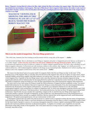 Below: Magnetic viewing film left without the film, right, behind the film (red outlines the magnet edge). This shows the high-
speed dielectric inertial plane of all magnets. This type of film doesn’t show magnetic fields much at all, rather it only reacts to
strong field velocities, namely at the inertial plane and along the centrifugal polarized edges of both sides of the magnet where
velocity is very high.
This is not the model of magnetism. The iron filings grand error
“This whole time, humanity has been looking at and fascinated with the wrong sides of the magnet.” – Author
“Let me be bold and blunt: there is absolutely no such thing as ‘magnetic attraction’ or magnetism-powered ‘ferrous acceleration’ to
a so-called ‘magnet’. It does not exist, nor is there one iota of any validation for this age-old insane premise. Both so-called
acceleration and repulsion are drive by dielectric voidance or counter-voidance (spatial barrier). Not only is there absolutely no such
thing as magnetic attraction, I will present you with enormous evidence to the contrary, that ‘magnets’ are wholly powered by
coherent dielectrics, with resultant magnetic radiation in discharge as necessitated byproduct. Radiation never attracts anything, only
displaces and is the conjugate to dielectricity at the inter-atomic level.” -Author
The reason iron dust doesn’t give an accurate model of a magnetic field is that the iron filings are deep ‘in the water’ of the
breaking waves of the magnetic field, as such they show the direction of the magnetic flow, but not its spiral, its vortex nature, which
hydrogen bubbles and pyrolytic graphite (and other mediums) can and do show, since they ‘ride the topmost part of the waves’ of the
vortex magnetic flow. Logically so the iron filings cannot vortex since they themselves become miniature magnets by being
magnetically induced, and are locked in place by becoming themselves polarized. Logically but counter intuitively on the surface, any
3D models of magnetism using iron filings are in fact 2D false representations that cannot demonstrate magnetic field architecture
The entire time we have been using iron filings to model the field architecture of magnets has been completely wrong. You cannot
model field architecture by any substance that can be magnetized. Doing so creates thousands of tiny dust sized magnets themselves
locked into the 2D pressures of the magnetic field geometry, as such this is no indication whatsoever as to the 3D-spatial-
counterspatial magnetic vortex architecture of a magnet or magnetism itself. In which case diamagnetic materials must be used. Field
displacement gradients with ferrous ‘field demonstrators’ show polarized direction, but does not show 3D-spatial-counterspatial field
architectures. Superficially one may consider that suspending a magnet in the air and throwing iron filings at the magnet will,
empirically produce a genuine 3D model of magnetism, as many people have seen demonstrated, however the field geometries of
magnetism necessitates that to actually see magnetic field flow, that any material that can be magnetized itself, cannot demonstrate
magnetisms’ 3D-spatial-counterspatial nature, nor can it demonstrate its flow at all.
A diamagnetic material that acts within time and not frozen in a spatial vector is required to witness the true nature of magnetisms’
field architecture. The fact that a field is a non-local attribution not autonomous from the object to which it encapsulates makes it hard
for the linear minds of people to conceive of a necessary diamagnetic material to witness a spatial counterspatial field reciprocating
spirally and in pressure gradients which has no phenomenal quantity. A snapshot of a tornado is just a hyperbola of wind with
phenomena acting oddly outside of this hyperbola. This is the nature and error of using iron dust to model magnetic fields; it is
extremely inaccurate at best.
 