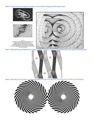 Below: Natural scroll wave patterns in nature as also found in magnetic field reciprocation
Below: M(magnetism) and D(dielectric) cellular capillary structure creating living membranes from charges and magnetism
Below: Print these out yourself on transparency film to see how CW on CCW or CW on CW or CCW on CCW behaves
	
  
 