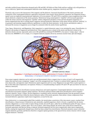 and other mythical insane abstractions dreamed up by GR and QM. All fields are Ether fields and have nothing to do with particles or
rays or otherwise. Spatial and counterspatial inductions alone mediate gravity, magnetism, electricity and TEM.
Electricity only occurs at the intersection of the magnetic and the dielectric. Increased electrification of the atomic geometry and
contraction of the counterspatial dielectric capacitance (increased) is pure atomic electro-dielectric saturation, but magnetism being a
spatial vector (as implicitly meant polarized, implicative of its movements, CW and CCW) is expelled as macro-magnetism due to the
electro-dielectric compression of the atomic geometry. Dielectricity being counterspatial is ‘impelled’ with increased capacitance
within the atomic structure and magnetism ‘expelled’ without. Magnetism dissipates as heat and heat dissipates magnetism in a
ferrous magnetized mass due to causing atomic expansion and decreasing the capacitance of the atomic ferrous electrical ‘elasticity’ in
its geometry and returning magneto-dielectric equilibrium to within the atomic geometry. As the electric and dielectric radius is
decreased the increase in magnetism can no longer be contained within the atomic former equilibrium.
Time, Space, Dielectricity, and Magnetism. Only magnetism is a spatial dimension, space is not calculated by space. Electrification, in
Plancks is the product of magnetism and dielectricity. Only magnetism gives volume to the atomic and likewise volume to the
dielectric-electric universe. Ignorantly and in error GR and QM have declared 99.9999999% of an atom is “empty space”, when in
fact not even .00000001% of it is empty, it’s a magneto-dielectric dynamo driven by enormous nucleal rotary spin and charges.
Magnetism: 1. Centrifugal (centripetal on return = polarization) 2. Circular 3. Radiative 4. Spatial
Dielectricity: 1. Centripetal 2. Radial 3. Inertial 4. Counterspatial
Non-contact magnetic induction can be easily seen and demonstrated where a magnet close to a piece of steel it will magnetically
induce that steel and create a temporary ‘magnet’ out of the unmagnetized steel. Contrary to common belief, opposites do not attract.
Like attracts like, and opposites repel. Dielectricity repels magnetism and vice versa. Magnets do not repel. Pole on pole repulsion is
like on like Ether spin compression, not repulsion. Polarity is a misunderstanding of spatial CW and CCW spin (see below for more on
inductive attraction).
The contracted atom from electrification increases dielectricity and expels magnetism. Counterspatial dielectric contraction due to
electrification necessitates magnetic spatial expulsion. The ferrous material remains stable from electrification with its magneto-
dielectric elasticity ‘frozen’ in place, but the magnetism is resultantly and by necessity displaced greatly from the geometric-atomic
structure to be expelled from within the electric-dielectric radius of the atomic geometry. Inter-atomic volume compression from
increased dielectric capacitance expels macro-magnetism, as must be the case.
Since dielectricity is a counterspatial radial Ether modality, the inertial plane constriction of the inter-atomic causes, resultant from
electrification, a sharp increase of dielectricity and, atomically, expelled magnetism, which is forced, is expelled from the atomic
structure. Magnetism is a versor solely of space (being circular, but not IN space, rather has an attributional quality OF space since a
polarized Ether modality ‘contains space’ but is not in space). After being charged, the atomic mass of the ferrous material has
increased capacitance and likewise being so induced, increased magnetism but not micro-magnetically rather macro-magnetically
thereby creating the magnetically charged mass which has been created from electrification. Electrical saturation causes a distorted
magneto-dielectric geometry and likewise therefore a magneto-spatial geometry to the special ferrous atomic structure with its unique
magneto-dielectric ‘elasticity’.
 