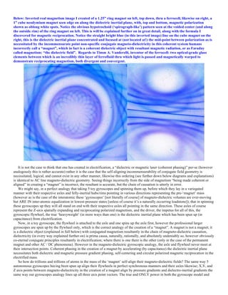 Below: Inverted real magnetism image I created of a 1.25” ring magnet on left, top down, thru a ferrocell, likewise on right, a
1” cube neodymium magnet seen edge on along the dielectric inertial plane, with, top and bottom, magnetic polarization
shown as oblong white spots. Notice the obvious hypotrochoid (‘spirograph-like’) pattern seen at the voided center (and along
the outside rim) of the ring magnet on left. This is will be explained further on in great detail, along with the formula I
discovered for magnetic reciprocation. Notice the straight bright blue (in this inverted image) line on the cube magnet on the
right, this is the dielectric inertial plane concentrated and focused at (not located at!) the mid-point between polarization as is
necessitated by the incommensurate point non-specific conjugate magneto-dielectricity in this coherent system humans
incorrectly call a “magnet”, which in fact is a coherent dielectric object with resultant magnetic radiation, or as Faraday
called magnetism: “the dielectric field”. Regards to Timm A. Vanderelli, inventor of the ferrocell: two optical-grade glass
elements between which is an incredibly thin layer of ferrofluid thru which light is passed and magnetically warped to
demonstrate reciprocating magnetism, both divergent and convergent.
It is not the case to think that one has created in electrification, a “dielectric or magnetic laser (coherent phasing)” per-se (however
analogously this is rather accurate) rather it is the case that the self-aligning incommensurability of conjugate field geometry is
necessitated, logical, and cannot exist in any other manner, likewise this ordering (see further down below diagrams and explanations)
is identical to AC line magneto-dielectric geometry. Seeing things incorrectly from the side of magnetism “being made coherent or
aligned” in creating a “magnet” is incorrect, the resultant is accurate, but the chain of causation is utterly in error.
We might say, in a perfect analogy that taking 5 toy gyroscopes and spinning them up, before which they lay in a variegated
manner with their respective axles and felly-inertial hubs/rims pointing in various directions representing the pre-‘magnet’ mass
(however as is the case of the interatomic these ‘gyroscopes’ [not literally of course] of magneto-dielectric volumes are ever-moving
but ARE IN inter-atomic equalization in lowest-pressure states [unless of course it’s a naturally occurring loadstone]); that in spinning
these gyroscopes up they will all stand on end with their respective axles all pointing in the same direction. These axles of course
represent the Z-axis spatially expanding and reciprocating polarized magnetism, and the driver, the impetus for all of this, the
gyroscopic flywheel, the true ‘heavyweight’ (in more ways than one) is the dielectric inertial plane which has been spun up (in
capacitance) from electrification.
Now, in a toy gyroscope, the flywheel is attached to the axle and one spins up the axle first, however the professional larger
gyroscopes are spun up by the flywheel only, which is the correct analogy of the creation of a “magnet”. A magnet is not a magnet; it
is a dielectric object (explained in full below) with conjugated magnetism resultantly in the chain of magneto-dielectric causation,
dielectricity (in every way explained further on) is prima causa, naturally, rationally, and absolutely undeniably so, however obviously
co-eternal conjugate principles resultantly in electrification; where there is one there is the other (only in the case of the permanent
magnet and other AC / DC phenomena). However in the magneto-dielectric gyroscopic analogy, the axle and flywheel never meet at
their intersection points. Coherent phasing in the creation of a magnet by accelerating (by capacitance) the dielectric inertial plane
necessitates both dielectric and magnetic pressure gradient phasing, self-centering and circular polarized magnetic reciprocation in the
electrified mass.
So how do trillions and trillions of atoms in the mass of the ‘magnet’ self-align their magneto-dielectric fields? The same way 5
autonomous gyroscopes having been spun up align their flywheels in perfect synchronous manners and their axles likewise; X,Y, and
Z axis points between magneto-dielectricity in the creation of a magnet align by pressure gradients and dielectro-inertial gradients the
same way our gyroscopes analogy lines up all three axis point vectors. The true and ONLY power in both the gyroscope model and
 