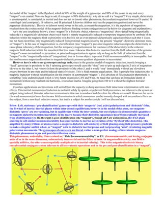 the model of the ‘magnet’ is the flywheel, which is 90% of the weight of a gyroscope, and 90% of the power in any and every
“magnet” ever created. Now one begs to ask, if a magnet is 90% dielectricity, why do we call it a “magnet”? Very simple, dielectricity
is counterspatial, is centripetal, is inertial and does not act on (most) other phenomena, the resultant magnetism however IS spatial, IS
centrifugal (and centripetal), IS radiative, and IS polarized. Likewise children only see the puppet (magnetism) and never the
puppeteer (dielectricity). There is no (almost none) power in the axle, as meant the magnetism, it is the expulsion of magnetism
resultant from the cosmic model of the magneto-dielectric binding-system conjugation (see far below for diagrams and explanations).
As is the case (explained below), a true “magnet” is a dielectric object, whereas a ‘magnetized’ object (steel being magnetically
induced) is a magnetically dominant object such that it is merely magnetically induced to temporary magnetization by attribute of its
induction within the magnetic field in proximity to it; but it is not an over-pressure dielectrically capacitant object such that it is not,
has not been electrified, only magnetically induced from proximal magnetization by the genuine “magnet” (dielectric dominant mass,
or “magnet”). In the case of magnetization vs. electrification (true “magnet”), proximal magnetic induction aligns the dielectricity to
cause phase coherency of the magnetism, but this temporary magnetization is the reactance of the dielectricity to the coherent
magnetic field induction within the non-electrified iron mass. Likewise this dielectric reaction from the field induction of the genuine
“magnet” causes necessitated reciprocation, or polarized magnetization to appear only so long as the field of induction from the
“magnet” to the “magnetically-induced” (magnetized) iron or ferrous object, is present. Field incommensurability is inescapable; that
the iron becomes magnetized resultant to magneto-dielectric pressure-gradient alignments is necessitated.
However here is where our gyroscopes analogy ends, since in the genuine model of magnetic induction, merely bringing a
“dead” gyroscope in proximity to the 5 spinning gyroscopes would cause the “dead” one to spin up and align its Z-axis of magnetism
likewise to the other 5, but remove it from the proximity of the other 5, and it would ‘stop’ immediately without any slowdown
process between its pre-state and its induced-state of velocity. This is field pressure equalization. This is particle-free induction; this is
magnetic induction without electrification (in the creation of a permanent “magnet”). This absolute of field induction phenomena is
something Tesla understood and which is why future inventions CAN and WILL be made that can have an immediate dump of
momentum without any resultant end harmonic, or resultant inertia. Imagine going from 100 to 0 without the slightest forward
momentum.
Countless applications and inventions will unfold from the capacity to dump enormous field inductions in termination with zero
effects. This inertial momentum of induction is mediated solely by spatial, or polarized field proximities, not inherent to the system or
subject being induced, likewise induction termination in this case is non-local and therefore the effects are as well. However the inertia
(forward momentum) of mass has its own field termination in which momentum can be instantly dumped with no resultant effects on
the subject, from a non-local inductive source, but that is a subject for another article I will not discuss here.
Below: Left, stationary ‘pre-electrification’ gyroscopes with their ‘magnetic’ (red, axles) polarizations and ‘dielectric’ (blue,
the flywheel of inertia) inertial planes within inter-atomic equilibrium; however in the model of the atom, our magneto-
dielectric ‘gyros’ are ever spinning, but in equilibrium within the inter-atomic, but out of phase (in demonstrable quantities)
in magneto-dielectric incommensurability in the macro because their dielectric capacitance hasn’t been radically increased
from electrification yet. On the right is post-electrification (the “magnet”), though all 5 are autonomous, the XYZ phase
ordering in self-similar incommensurability has occurred due to inertial acceleration of the ‘flywheel’ (the dielectric). This
amplified by many trillions of atoms creates a magneto-dielectric self-similarity of field phasing along field pressure gradients
to make a singular unified whole, or “magnet” with its dielectric inertial planes and reciprocating ‘axial’ circulating magnetic
polarization movements. The gyroscopes of course are not literal, rather a near-perfect analogy of interatomic magneto-
dielectric phenomena in pre and post electrification states.
This phenomena, undeniable, I have coined as: “Field Incommensurability”, or F.I. (Incommensurable: not having conjugate
units of or in the same dimension, substantively immaterial and the Ether in basis. In magneto-dielectricity, one field is
spatially additive, the other counterspatially multiplicative in inertial velocity). This is the magneto-diaelectric binary
consubstantial conjugate system inherent to all inter-atomic operations and to the pre and post-electrification in a “magnet”.
 