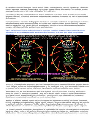 the vortex Ether velocities of the magnet. Since the magnetic field is a double reciprocating vortex, the higher the apex velocities due
to higher gauss rating, likewise the more shallow the cone is allowed to extend from the magnets surface. This conjugated reversion
causes significant shortening of both vertical axial lengths of the N and S vortex.
The coherency of the charge coupled with the macro-magnetic electrification of the ferrous mass at the atomic level has created a
permanent Ether-vortex of magnetism, a sink-bubble phenomena that will, under ideal circumstances, last nearly in perpetuity under
ideal conditions.
The negative terminals, as meant the discharge-planes or dielectric are counterspatial and terminate into spatial magnetic phenomena;
in magnetization there is inter-atomic nucleal-charge and discharge-plane contraction from the increased electrostatic capacitance
(dielectric) and expulsion of the magnetic. Dielectric saturation causes magnetism to increase, as the two are mutually repellant
conjugates and both approach higher spatial and counterspatial inductances.
Below: Relative mutual magnetic field reciprocation on any magnet. Distinction must be made between inside to outside
polarization, versus face-down polarization, also all movements are relative to the other poles mutual divergence and
convergence.
Dielectricity is counterspatial and magnetism is spatial, one counterspatial electrostatic, and magnetism circular, spatial and polarized.
Electric discharges terminate into the polarized magnetic spatial by way of a dielectric locus. Charge polarization or field polarization
movements of and between space and time is the fulcrum of ever balancing equilibrium in which the cosmos functions.
Wherever there is one, it is due to the appearance of the other, magnetism is induced into existence, or inversely, the dielectric is
induced into existence by magnetism over time from a prime mover. However to induce dielectricity requires a polarized field to
move its polarization or separate its polarization over time from a prior prime mover; but to induce magnetism into existence,
electricity must merely terminate into a dielectric inter-atomic medium, or locus.
Depending on the atomic and spatial geometry, electrical discharges (Ether polarization) can terminate (discharge) in counterspatial
dielectric capacitance or terminate (discharge) in spatial magnetic inductance. The charge-plane (nucleus) of electricity and magnetism
are spatial such that both are polarizations of the Ether and have dimensionality and a gravitative component with its locus in the
dielectric. Not mentioned here are some of Tesla’s dielectric longitudinal waves that do not have a conjugate magnetic component.
That the dielectric terminal in counterspace is necessitated to be capacitance and that magnetism’s terminal of space is necessitated to
be polarized inductive motion are self-reinforcing definitional absolutes, such that any discharge into a spatial medium terminal must
be both polarized Ether movement and magnetic induction by definition and any discharge into a dielectric medium of counterspace
 