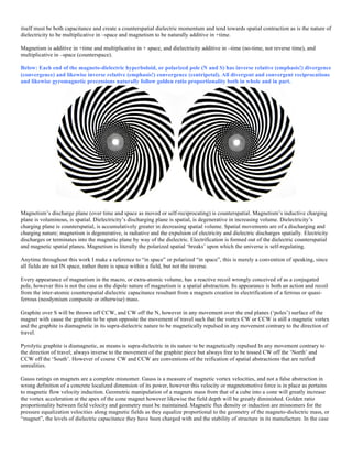itself must be both capacitance and create a counterspatial dielectric momentum and tend towards spatial contraction as is the nature of
dielectricity to be multiplicative in –space and magnetism to be naturally additive in +time.
Magnetism is additive in +time and multiplicative in + space, and dielectricity additive in –time (no-time, not reverse time), and
multiplicative in –space (counterspace).
Below: Each end of the magneto-dielectric hyperboloid, or polarized pole (N and S) has inverse relative (emphasis!) divergence
(convergence) and likewise inverse relative (emphasis!) convergence (centripetal). All divergent and convergent reciprocations
and likewise gyromagnetic precessions naturally follow golden ratio proportionality both in whole and in part.
	
  
Magnetism’s discharge plane (over time and space as moved or self-reciprocating) is counterspatial. Magnetism’s inductive charging
plane is voluminous, is spatial. Dielectricity’s discharging plane is spatial, is degenerative in increasing volume. Dielectricity’s
charging plane is counterspatial, is accumulatively greater in decreasing spatial volume. Spatial movements are of a discharging and
charging nature; magnetism is degenerative, is radiative and the expulsion of electricity and dielectric discharges spatially. Electricity
discharges or terminates into the magnetic plane by way of the dielectric. Electrification is formed out of the dielectric counterspatial
and magnetic spatial planes. Magnetism is literally the polarized spatial ‘breaks’ upon which the universe is self-regulating.
Anytime throughout this work I make a reference to “in space” or polarized “in space”, this is merely a convention of speaking, since
all fields are not IN space, rather there is space within a field, but not the inverse.
Every appearance of magnetism in the macro, or extra-atomic volume, has a reactive recoil wrongly conceived of as a conjugated
pole, however this is not the case as the dipole nature of magnetism is a spatial abstraction. Its appearance is both an action and recoil
from the inter-atomic counterspatial dielectric capacitance resultant from a magnets creation in electrification of a ferrous or quasi-
ferrous (neodymium composite or otherwise) mass.
Graphite over S will be thrown off CCW, and CW off the N, however in any movement over the end planes (‘poles’) surface of the
magnet with cause the graphite to be spun opposite the movement of travel such that the vortex CW or CCW is still a magnetic vortex
and the graphite is diamagnetic in its supra-dielectric nature to be magnetically repulsed in any movement contrary to the direction of
travel.
Pyrolytic graphite is diamagnetic, as means is supra-dielectric in its nature to be magnetically repulsed In any movement contrary to
the direction of travel; always inverse to the movement of the graphite piece but always free to be tossed CW off the ‘North’ and
CCW off the ‘South’. However of course CW and CCW are conventions of the reification of spatial abstractions that are reified
unrealities.
Gauss ratings on magnets are a complete misnomer. Gauss is a measure of magnetic vortex velocities, and not a false abstraction in
wrong definition of a concrete localized dimension of its power, however this velocity or magnetomotive force is in place as pertains
to magnetic flow velocity induction. Geometric manipulation of a magnets mass from that of a cube into a cone will greatly increase
the vortex acceleration at the apex of the cone magnet however likewise the field depth will be greatly diminished. Golden ratio
proportionality between field velocity and geometry must be maintained. Magnetic flux density or induction are misnomers for the
pressure equalization velocities along magnetic fields as they equalize proportional to the geometry of the magneto-dielectric mass, or
“magnet”, the levels of dielectric capacitance they have been charged with and the stability of structure in its manufacture. In the case
 