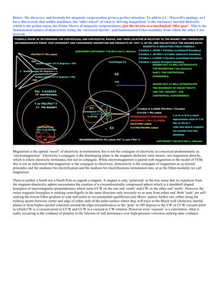 Below: My discovery and formula for magnetic reciprocation given a perfect situation. To add to J.C. Maxwell’s analogy, as I
have discovered, that unlike machines, the “idler wheel” of what is ‘driving magnetism’ is the stationary inertial dielectric
which is the prima causa, the Prime Mover of magnetic reciprocations; just the inverse to a mechanical ‘idler gear’. This is the
fundamental nature of dielectricity being the ‘electrical inertia’, and fundamental Ether-modality from which the other 3 are
derived.
Magnetism is the spatial ‘recoil’ of electricity in termination, but is not the conjugate of electricity as conceived predominately as
‘electromagnetism’. Electricity’s conjugate is the discharging plane in the magneto-dielectric inter-atomic, not magnetism directly,
which is where electricity terminates, but not its conjugate. While electromagnetism is paired with magnetism in the model of TEM,
this is not an indictment that magnetism is the conjugate to electricity, dielectricity is the conjugate of magnetism as co-eternal
principles and the mediator for electrification and the medium for electrifications termination into, or as the Ether-modality we call
magnetism.
There is neither a South nor a North Pole as regards a magnet. A magnet is only ‘polarized’ in the true sense that its expulsion from
the magneto-diaelectric sphere necessitates the creation of a circumferentially compressed sphere which is a dumbbell shaped
hourglass of macromagnetic preponderance which turns CCW on the one end ‘south’ and CW on the other end ‘north’. However the
entire magnetic hourglass is rotating centrifugally in the same direction only inversely so as seen from either end. Both ‘ends’ are self-
seeking the lowest Ether gradient to sink and return to circumstantial equilibrium (see Moire’ patters further on), either along the
midway points between center and edge of either ends of the polar surface where they will trace to the Bloch wall (dielectric inertial
plane) or from higher ejected velocities around the edge-circumferences to the ‘pole’ at 180 degrees to the CW or CCW vacuum point
to which CW is a vacuum point to CCW and CCW is a vacuum to CW rotation. However even ‘vacuum’ is a convention, what is
really occurring is the voidance of polarity in the fulcrum of null dominance over high-pressure velocities seeking utter voidance.
 