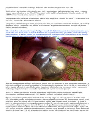 pair of fountains and countersinks. Electricity is the dynamic radial or reciprocating polarization of the Ether.
N on N or S on S don’t terminate within each other, since this is a positive pressure gradient on the same plane and not a vacuum or
voidance pressure plane in an inverse CW on CCW movement, but this is all driven by dielectricity. Nature has no poles, only CW
and CCW spin and mutually seeking pressures of equilibrium.
A magnet attracts other iron because of Ether pressure gradients being unequal in the extreme in the “magnet”. This acceleration of the
iron is like a stick entering a fast moving river or current.
A magnet is no different than a dipole antenna, dielectricity is the driver, and counterspatial contraction is the reflector. CW and CCW
spins are the directors. Low-pressure Ether gradients are receivers-sinks. Magnetism terminates on itself but only in low pressure
gradients of opposite spin vortexes.
Below: Single 3mm neodymium cube “magnet” and pure bismuth disk (highest diamagnetic element), one pole marked green,
and the other black. When pushed or tilted off the bismuth, the one polarity will always spin off CW, and the other polarity
always spins off CCW. There is absolute and undeniable proof (proof after proof without end) that there is inverse magnetic
centrifugal divergent spin reciprocation off the polarized faces of any “magnet”.
In the case of superconductors, nothing is added, only the magnetic bases have been closed off in the extremely low temperatures. The
entire magneto-dielectric inter-atomic has been closed off for the permeability of magnetism. It is the case that the “superconductor” is
really a magnetic reflector in its super chilled condition. Magnetism is definitionally spatial movement, in cooling a superconductor
(really a super-magnetic barrier) one has created an object with near-0 magnetic inter-atomic ‘porosity’.
Dielectricity comes before magnetism, no motion, no magnetism, and when there is almost no magnetism in a super-cooled
temperature there is dielectric supra-coherency, which is a super-‘conductor’ (really a super magnetic-reflector).
Opposite poles of a bar magnet thrust away from each other as far as they can go. That is the very purpose of the electric current
which bifurcates the dielectric and magnetic equilibrium. If opposite poles attracted each other they would have to be logically located
in the center point of any magnetic (electrified) mass, instead of "pushing" away from each other to the very ends. CW and CCW
(clockwise and counter clockwise) pressure gradients weave around and thru each other, and attraction is a perceptual misdirection; so
too is repulsion. Like everything else in this world, all has to do with spin. There are no opposite charges attracting each other as
regards magnets or magnetism. There is only charge and discharge and their spatial pressure gradients which comprise any field and
which are Ether in principle; discharge is merely a degenerative function of charge. Nature has no conception of polarity, logically and
reductively so, only CW and CCW spin pertaining to force gradients as relates to EM, magnetism, and gravity in space and over time.
 