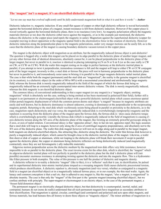 The ‘magnet’ isn’t a magnet; it’s an electrified dielectric object
“Let no one say man has evolved sufficiently until he fully understands magnetism both in what it is and how it works” – Author
Dielectric induction vs. magnetic induction. If any small flat square of copper or other high dielectric reflector is waved horizontally
against the horizontal dielectric plane of a magnet, instant resistance is felt from dielectric induction. However if the copper piece is
waved vertically against the horizontal dielectric plane, there is no reactance (very low). As magnetic polarization affects the magnetic
materials (ferrous) so too does the dielectric either move against the magnetic, or as in the example just mentioned, the dielectric
induces the dielectric in the copper piece (and repels the magnetic in same). Magnetism against the superluminal dielectric (copper for
example) moving in direct opposition to the magnetic spatial field is the electromotive force in the creation of electricity. However
dielectric induction along the perpendicular plane to the magnetic polarizations, under very meager motions can be easily felt, as is the
cases that the dielectric plane of the magnet is causing boundary dielectric vacuum torsion in the copper piece.
The magnet is the dielectric object with magnetism as an attribute, but the magnetically induced ferrous object is anti-dielectric!
The question is begged why a wafer thin magnet can be placed on its edge parallel to the dielectric plane of another larger magnet, and
yet any other ferrous disk of identical dimensions, absolutely cannot be; it can be placed perpendicular to the dielectric plane of the
larger magnet, but never in parallel to it, reaction is identical to placing (attempting to) N on N or S on S (or as the case really is CW
on CW, or CCW on CCW). With the wafer thin magnet resting on its edge in perfect harmony at the dielectric inertial plane in
parallel, if you attempt to twist it perpendicular, tremendous resistance is felt and the magnet will leap to either CW or CCW conjugate
pole of the larger magnet; inversely to this, a steel disk or ferrous flat piece will rest in harmony perpendicular to the dielectric plane
but never in parallel to it, and tremendously resist same in brining it in parallel to the larger magnets dielectric radial inertial plane.
The case is that while both the magnet (permanent) and the steel disk are “magnetized”, the reality is the genuine magnet is electrified
(in its creation), is a dielectric object (in the order of 80 to 90%) with a necessitated coincidental and atrributionally large magnetic
field; whereas the ferrous disk is merely magnetically induced in the field of the magnet of which the ferrous disk being so
magnetically induced has an extremely tight counterspatial inter-atomic dielectric volume. The disk is merely magnetically induced,
whereas the disk magnetic is an electrified dielectric object.
The common idiocy of conventional understanding is that a super magnet (or any magnet) is a “magnetic object, emitting
magnetism” which is absolutely not the case, nothing is being emitted as has been mentioned (a polarized Ether field), further still a
magnet is an (permanent or electromagnet) electrified object with a powerful dielectric inertial plane which causes enormous spatial
(Ether portal) magnetic displacement of which the common person deems said object “a magnet” because its magnetic attributes are
easily and well known, but its dielectric dominance is almost unknown, existing in dominance at the perpendicular to the reciprocating
magnetic portals. Returning to the steel disk which vociferously resists being placed in parallel or proximity to the dielectric, as is the
case, magnetism repels dielectricity and vice versa, the magnetically induced disk is overwhelmingly (temporarily) magnetic and the
repulsion is occurring from the dielectric plane of the magnet upon the ferrous disk, the ferrous disk is / does cause dielectric torque
which is overwhelmingly powerful. Literally the ferrous disk (which is magnetically induced in the field of magnetism) is causing Z-
axis dielectric torsion along the XY-axis of the dielectric plane of the magnet, like twisting an extremely powerful gyroscope along its
Z-axis, or axis of radial rotation. Conventional idiocy is that ‘opposites attract’, they in fact do not, opposites repel; this logic assumes
that a steel disk will leap to a magnet, however only along the Z-axis of centrifugal magnetic preponderance, and absolutely not to the
XY-axis of the dielectric plane. The wafer thin disk magnet however will rest on its edge along and in parallel to the larger magnet,
both magnets are dielectro-electrified objects, like attracting like, dielectric along the dielectric. The wafer thin ferrous disk however is
purely a magnetically induced object, which cannot be brought close to the dielectric inertial plane of the magnet. Likewise, a wafer
thin sheet or disk of copper or aluminum, while not leaping to the dielectric plane will break their movement if swept in parallel
against the dielectric plane; the copper or aluminum being dielectric reflectors are being dielectrically induced (and magnetically
contracted), since they are not ferromagnetic (-ally inducible materials).
Edgewise motion perpendicular across the dielectric medium by the magnetized iron disk offers very little resistance, however
impossible to do so parallel to the dielectric plane. The exact inverse exists for the other disk, which is electrified, the “magnet” which
its edgewise-dielectric inertial plane will rest perfectly in parallel to the dielectric plane but the disk’s dielectric plane will (not
possible) encounter enormous resistance in attempting twisting against the dielectric and into the magnetic flow. This is a hydrostatic-
like Ether pressure in both examples. The value of this pressure is one half the product of dielectric and magnetic density.
A dielectric reflector is in reality a dielectric “magnet” (like to like), it is a ‘reflector’ such that it can, in electrification, be pulsed
and its superluminal dielectric inter-atomic inertial plane torqued as a sweeping magnetic field causes dielectric precessional torsion,
which produces electrification. A dielectric repulsor is, obviously magnetism (and vice versa), whether as conjugated in a magnetic
field in a magnet (an electrified object) or in a magnetically induced ferrous piece, or in our example, the thin steel wafer. Again, the
lunacy and common conception is that a nail etc. that is adhered to any magnet is, like the magnet, “also a magnet, is magnetized” is
absolute insanity. The case is that only the “magnet” of the first part is the ‘genuine magnet (meaning electrified object)’, but we
confuse attribute with principle. The super-magnet or electromagnet is an electric object, in the case of the permanent magnet, a
‘frozen field distention object’.
The permanent magnet is an electrically charged dielectric object, but that dielectricity is counterspatial, inertial, radial, and
centripetal, humans do not (none do really) understand that all such permanent magnets have magnetism as secondary attributes to
their electrification. That magnetism is spatial, circular, centrifugal (and centripetal) and polarized and acts upon other magnets, and
ferrous materials, has lead humans thru all history to deem these objects as “magnetic objects”. The minor attribute of magnetism in a
 