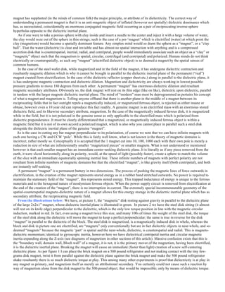 magnet has supplanted (in the minds of common folk) the major principle, or attribute of its dielectricity. The correct way of
understanding a permanent magnet is that it is an anti-magnetic object of inflated (however not spatially) dielectric dominance which
has, as necessitated, coincidentally an enormous conjugated magnetic field occurring as a pair of reciprocating inverse-sphere
hyperbolas opposite to the dielectric inertial plane.
As if one were to take a porous sphere with clay inside and insert a needle to the center and inject it with a large volume of water,
the clay would ooze out of the sphere in thin strings; such is the case of a pre-‘magnet’ which is electrified (water) at which point the
clay (magnetism) would become a spatially dominant feature. Any simplex mind would so deem the sphere as a “magnet”, or a “clay
ball”. That the water (dielectric) is clear and invisible and has almost no spatial interaction with anything and is a compressed
accretion disk that is counterspatial, inertial, radial, and centripetal, people would immediately associate such an object as a “clay” or
“magnetic” object such that the magnetism is spatial, circular, centrifugal (and centripetal) and polarized. Human minds do not think
electrically or counterspatially, as such any “magnet” (electrified dielectric object) is so deemed a magnet by the spatial senses of
common humans.
In the case of the steel wafer disk, while magnetized and in the field of the magnet, it has undergone dielectric contraction and
resultantly magnetic dilation which is why it cannot be brought in parallel to the dielectric inertial plane of the permanent (“real”)
magnet created from electrification. In the case of the dielectric reflector (copper sheet etc.) along in parallel to the dielectric plane, it
is has undergone magnetic contraction and dielectric dilation. Magnetism and dielectricity are always working in lowest possible
pressure gradients to move 180 degrees from each other. A permanent “magnet” has enormous dielectric dilation and resultant
magnetic secondary attributes. Obviously so, the disk magnet will rest on its thin edge (like on like), dielectric upon dielectric, parallel
in tandem with the larger magnets dielectric inertial plane. The mind of “modern” man must be deprogrammed as pertains his concept
of what a magnet and magnetism is. Telling anyone offhand that there is another plane in the middle of a magnet between its
reciprocating fields that in fact outright repels a magnetically induced, or magnetized ferrous object, is rejected as either insane or
obtuse, however even a 10 year old can reproduce this fact readily. A genuine magnet is an electrified mass with an enormous stored
dielectric field, and its likewise secondary attribute, magnetism. In the case of the magnetically induced ferrous disk, it is magnetized
while in the field, but it is not polarized in the genuine sense as only applicable to the electrified mass which is polarized from
dielectric preponderance. It must be clearly differentiated that a magnetized, or magnetically induced ferrous object is within a
magnetic field but it is not of its own accord a polarized magnet, which is also why you cannot place in parallel such a steel disk
alongside the dielectric inertial plane of the genuine “magnet”.
As is the case in cutting any bar magnet perpendicular to its polarization, of course we note that we can have infinite magnets with
each one having a CW and CCW ‘pole’. While this is fairly well know, what is not known is the theory of magnetic domains is
incorrect, rather mostly so. Conceptually it is accepted that the 1 magnet cut into 10, 100, 1000 each with their own pole is merely a
reduction in size of what are infinitesimally smaller “magnetized pieces” or smaller magnets. What is not understood or mentioned
however is that each smaller magnet has an immediate center-seeking dielectric plane. It is literally as if any piece removed from the
earth, it were sliced horizontally along its polarity, would, at the speed of light (possibly faster), create a sphere to match the volume
of the slice with an immediate equatorially spinning inertial line. These infinite numbers of magnets with perfect polarity are not
resultant from infinite numbers of magnetic domains but that the electrified “magnet”, is like gravity itself (both centripetal), and both
are instantly self-seeking.
A permanent “magnet” is a permanent battery in two dimensions. The process of pushing the magnetic lines of force outwards in
electrification, in the creation of the magnet represents stored energy as in a rubber band stretched outwards. No power is required to
maintain the stationary field of the “magnet”, this represents stored energy. This trapped inductance of energy is unique to the ferrous
materials and to the hexagonal nature of neodymium ferrous objects. When the power supply circuit is removed from electrification at
the end of the creation of the “magnet”, there is no interruption in current. The extremely special incommensurable geometry of the
spatial-counterspatial magneto-dielectric nature of a magnet allows for this energy storage in the dielectric inertial plane which has as
secondary attribute, the reciprocating magnetic field.
From the illustrations below: We have, at picture 1, the “magnetic” disk resting against gravity in parallel to the dielectric plane
of the large 2x2x1” magnet, whose dielectric inertial plane is illustrated in green. In picture 2 we have the steel disk sitting (it almost
will rest on its knife edge) perpendicular to the dielectric, which is the only low torque position in line with the magnetic circular
induction, marked in red. In fact, even using a magnet twice this size, and many 100s of times the weight of the steel disk, the torque
of the steel disk along the dielectric will move the magnet to keep a perfect perpendicular; the same is true in reverse for the disk
“magnet” in parallel to the dielectric of the block. The steel disk is magnetized, is a magnetically induced disk in whole, whereas the
block and disk in picture one are electrified, are “magnets” only conventionally but are in fact dielectric objects in near-whole, and so-
deemed “magnets” because the magnetic ‘part’ is spatial and the near-whole, dielectric, is counterspatial and radial. This is magneto-
dielectric momentum; identical to gyroscopic inertia, however here we have dielectrical centripetal inertia and circular magnetic
inertia expanding along the Z-axis (see diagrams of magnetism in other sections of this article). Massive confusion exists that this is
the “boundary wall, domain wall, Bloch wall” of a magnet, it is not, it is the primary mover of the magnetism, having been electrified,
it is the dielectric inertial plane. Breaking the magnet will cause an immediate (faster than light) creation of a new self-centering
dielectric plane. As per figure 1 I can place the brick magnet on a 500 pound refrigerator and not making contact with the tiny few-
grams disk magnet, twist it from parallel against the dielectric plane against the brick magnet and make the 500 pound refrigerator
shake resultantly there is so much dielectric torque at play. This among many other experiments is proof that dielectricity is at play in
any magnet as primary, and magnetism itself as merely an attributional secondary. You certainly could not cause such a reaction by
way of magnetism alone from the disk magnet to the 500-pound object, that would be impossible; only by means of dielectric torque.
 