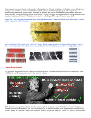Since magnetism is spatial, there is an optimum throw distance from the dielectric inertial plane at which the velocity of the pressure
of expulsion is overtaken by vacuum centripetal forces which, in the case of extremely long magnets or bar magnets, the
preponderance of the double magnetic vortex bubble and the magnetic spin vortexes form a sphere around a magnet rather than a
polarized double fountain at either end. Spatial acceleration in a geometric form can be extended only so far before vacuum reversion
quickly overtakes expulsive throw. The ideal ratio is a base of 1 and a height of Phi, or just the inverse is also ideal.
Below: Very long bar magnet example where the physical magnet geometry can overthrow the actual field pressure at either
end of normal CW or CCW rotation.
Below: Regardless of how many times you break a magnet against any line parallel to the dielectric inertial plane, you will
have yet another magnet. This is field incommensurability, likewise self-similarity as also exists in a holographic positive.
Magnetism continued
All of the most fundamental principles of nature and the universe can be solved with simplex Euclidean math and geometry; along
with Platonic logic. If same cannot solve it, it does not exist. - Author
Both electricity and magnetism seek discharge. That is not to say there is a negative terminal but a lower or vacuum Ether pressure
into which electricity and magnetism seek to discharge themselves. Of electricity we speak of the ground whereas in magnetism we
wrongly think of the “other pole” however the “other pole” is merely inverse spin, in fact the “ground” of a magnet is self-terminating
 