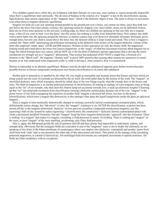 Two children cannot move while they are in balance with their fulcrum on a see-saw, since motion is, macro-atomically impossible
when there is equilibrium inter-atomically. The division of balance in the creation of a “magnet” is due to the electrification causing
high dielectric inter-atomic capacitance in the “magnetic mass” which is the dielectric object in true. The atom is always in movement
even when there is magneto-dielectric equilibrium.
Imagine two kids on a see-saw spinning around parallel to the ground just over a fence, you cannot see them, since they both rest
just below the fence line (inter-atomic volume), this spinning cannot be stopped, ever, since matter, atoms are by definition motion,
there are no 0-rest mass particles in the universe. Looking edge on, these two children are spinning so fast one only see a singular
mass, a blur (if you were to look ‘over the fence’ into this atom), but nothing is visible from behind the fence. Now replace one child
with a much fatter one, the spinning around the fulcrum, or nucleus cannot stop, ever (however ultimately all matter terminates given
enough time), but now one child is raised above the fence line, the skinnier child as it loops round and round. This is how a magnet is
created, the “fatter child” representing electrification terminating in the dielectric inter-atomic of the mageto-dielectric volume of the
atom (the supposed ‘empty space’ of GR and QM insanity). Humans in their ignorance see only the skinny child, the magnetism
looping round and round above the fence line (macro-magnetism, or the ‘magic’ of what has fascinated everyone about magnets for so
long), but which humans have not, cannot, still do NOT see is the fat child of dielectric inertial capacitance that is driving the entire
mechanism we wrongly see as a “magnetic” phenomena. That science has dedicated LESS THAN a single line, a footnote of a
footnote to the “Bloch wall”, the magnetic “domain wall” is proof 100% positive that (among other reasons too numerous to count)
humans in no way understand what magnetism really is, what is driving it, what created it, how it is maintained.
Motion is impossible in an absolute equilibrium. Balance must be divided into unbalanced opposite pairs before motion becomes
possible ferrous or ferrous compounds (neodymium iron boron) electrification is of course that unbalance
Neither pole is attracted to or repelled by the other. Or, one might as reasonably and insanely assert that houses and trees which are
being sucked into the cone of a tornado are attracted by the air itself, the wind rather than by the motion of the wind. The “magnet”, or
electrified dielectric mass which it properly should be called, does to the iron filings exactly what the tornado does to the houses and
trees. The field of magnetism is an inertial polarized terminus of electrification. In making an analogy of a pre-magnetic mass as being
equal to the “air” of our tornado, why then does this lifeless lump not accelerate towards iron, or pick up enormous weights? Churning
up that “air” into polarized circulation from electrification creating a dielectric inertial plane dynamo out of the now “magnet” is the
prime mover of one field conjugating the expulsion of another field. Imagine a electrical lab stirrer, you turn on the power
(electrification), which turns a magnet (the dielectricity in this analogy!) that spins the liquid (magnetism) inside the glass jar (physical
magnet).
Since a magnet is inter-atomically dielectrically charged in creating a powerful inertial counterspatial centripetal plane, which,
definitionally resists change, this “lab stirrer” of ours, the “magnet”, continues to stir AFTER the electrification, or power has been
turned off due to the magneto-dielectrical ‘elasticity’ of iron and iron crystalline compounds (neodymium magnets), just like
squeezing a ball of clay around its radius (squeezing = electrification, the constriction = dielectric inertial counterspatial plane) will
create a permanent dumbbell formation. Our pre-“magnet” lump has been magneto-dielectrically ‘squeezed’ into this formation. There
is nothing “in a magnet” that makes it a magnet; everything is field pressures in nature. Everything. There is nothing pre-“magnet” of
the mass, or post-“magnet” of the mass repelling, accelerating, only Ether field pressures.
This is, again, the 800-pound gorilla the cult of quantum and GR and their priests find impossible to understand, explain, and
outright deny. Obviously that the conjugate fields are coincident to and of the “magnetic” mass is not in doubt, but ultimately we are
speaking of two holes in the Ether-membrane of counterspace where one empties into (dielectric, centripetal) and another ‘pours from’
itself from both ‘ends’ only to run around to the other side of this same portal and return. That portal, in the analogy of the circulating
polarized magnetism, is a portal of dielectricity. All centrifugal field movements are centripetal movements in spatial extension. All
fields are Ether modalities, with no exceptions.
 