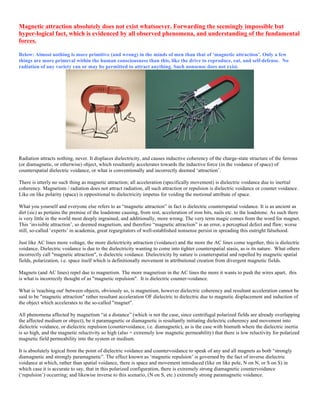 Magnetic attraction absolutely does not exist whatsoever. Forwarding the seemingly impossible but
hyper-logical fact, which is evidenced by all observed phenomena, and understanding of the fundamental
forces.
Below: Almost nothing is more primitive (and wrong) in the minds of men than that of ‘magnetic attraction’. Only a few
things are more primeval within the human consciousness than this, like the drive to reproduce, eat, and self-defense. No
radiation of any variety can or may be permitted to attract anything. Such nonsense does not exist.
Radiation attracts nothing, never. It displaces dielectricity, and causes inductive coherency of the charge-state structure of the ferrous
(or diamagnetic, or otherwise) object, which resultantly accelerates towards the inductive force (in the voidance of space) of
counterspatial dielectric voidance, or what is conventionally and incorrectly deemed ‘attraction’.
There is utterly no such thing as magnetic attraction; all acceleration (specifically movement) is dielectric voidance due to inertial
coherency. Magnetism / radiation does not attract radiation, all such attraction or repulsion is dielectric voidance or counter voidance.
Like on like polarity (space) is oppositional to dielectricity impetus for voiding the motional attribute of space.
What you yourself and everyone else refers to as “magnetic attraction” in fact is dielectric counterspatial voidance. It is as ancient as
dirt (sic) as pertains the premise of the loadstone causing, from rest, acceleration of iron bits, nails etc. to the loadstone. As such there
is very little in the world most deeply ingrained, and additionally, more wrong. The very term magic comes from the word for magnet.
This ‘invisible attraction’, so deemed magnetism, and therefore “magnetic attraction” is an error, a perceptual defect and flaw; worse
still, so-called ‘experts’ in academia, great regurgitators of well-established nonsense persist in spreading this outright falsehood.
Just like AC lines more voltage, the more dielectricity attraction (voidance) and the more the AC lines come together, this is dielectric
voidance. Dielectric voidance is due to the dielectricity wanting to come into tighter counterspatial stasis, as is its nature. What others
incorrectly call "magnetic attraction", is dielectric voidance. Dielectricity by nature is counterspatial and repelled by magnetic spatial
fields, polarization, i.e. space itself which is definitionally movement in attributional creation from divergent magnetic fields.
Magnets (and AC lines) repel due to magnetism. The more magnetism in the AC lines the more it wants to push the wires apart, this
is what is incorrectly thought of as "magnetic repulsion". It is dielectric counter-voidance.
What is 'reaching out' between objects, obviously so, is magnetism, however dielectric coherency and resultant acceleration cannot be
said to be "magnetic attraction" rather resultant acceleration OF dielectric to dielectric due to magnetic displacement and induction of
the object which accelerates to the so-called "magnet".
All phenomena affected by magnetism “at a distance” (which is not the case, since centrifugal polarized fields are already overlapping
the affected medium or object), be it paramagnetic or diamagnetic is resultantly initiating dielectric coherency and movement into
dielectric voidance, or dielectric repulsion (countervoidance, i.e. diamagnetic), as is the case with bismuth where the dielectric inertia
is so high, and the magnetic reluctivity so high (also = extremely low magnetic permeability) that there is low reluctivity for polarized
magnetic field permeability into the system or medium.
It is absolutely logical from the point of dielectric voidance and countervoidance to speak of any and all magnets as both “strongly
diamagnetic and strongly paramagnetic”. The effect known as ‘magnetic repulsion’ is governed by the fact of inverse dielectric
voidance at which, rather than spatial voidance, there is space and movement introduced (like on like pole, N on N, or S on S) in
which case it is accurate to say, that in this polarized configuration, there is extremely strong diamagnetic countervoidance
(‘repulsion’) occurring; and likewise inverse to this scenario, (N on S, etc.) extremely strong paramagnetic voidance.
 
