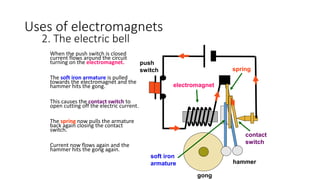2. The electric bell
When the push switch is closed
current flows around the circuit
turning on the electromagnet.
The soft iron armature is pulled
towards the electromagnet and the
hammer hits the gong.
This causes the contact switch to
open cutting off the electric current.
The spring now pulls the armature
back again closing the contact
switch.
Current now flows again and the
hammer hits the gong again.
gong
hammer
electromagnet
push
switch spring
contact
switch
soft iron
armature
Uses of electromagnets
 
