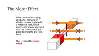 + -
+
-
+
-
When a current carrying
conductor carrying an
electric current is placed in
a magnetic field, it will
experience a force provided
that the conductor is not
placed parallel to the field
lines.
This is called the motor
effect.
S
N
+ -
The Motor Effect
 