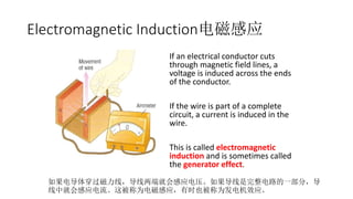 If an electrical conductor cuts
through magnetic field lines, a
voltage is induced across the ends
of the conductor.
If the wire is part of a complete
circuit, a current is induced in the
wire.
This is called electromagnetic
induction and is sometimes called
the generator effect.
Electromagnetic Induction电磁感应
如果电导体穿过磁力线，导线两端就会感应电压。如果导线是完整电路的一部分，导
线中就会感应电流。这被称为电磁感应，有时也被称为发电机效应。
 