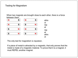 Testing for Magnetism
The only test for magnetism is repulsion.
If a piece of metal is attracted by a magnetic, that only ...