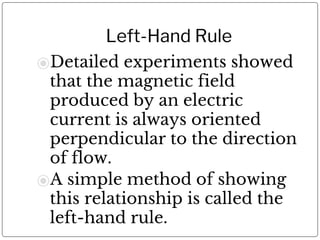 Left-Hand Rule
⦿Detailed experiments showed
that the magnetic field
produced by an electric
current is always oriented
per...