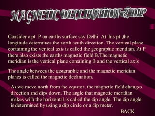Consider a pt P on earths surface say Delhi. At this pt.,the
longitude determines the north south direction. The vertical plane
containing the vertical axis is called the geographic meridian. At P
there also exists the earths magnetic field B.The magnetic
meridian is the vertical plane containing B and the vertical axis.
The angle between the geographic and the magnetic meridian
planes is called the magnetic declination.
As we move north from the equator, the magnetic field changes
direction and dips down. The angle that magnetic meridian
makes with the horizontal is called the dip angle. The dip angle
is determined by using a dip circle or a dip meter.
BACK
 