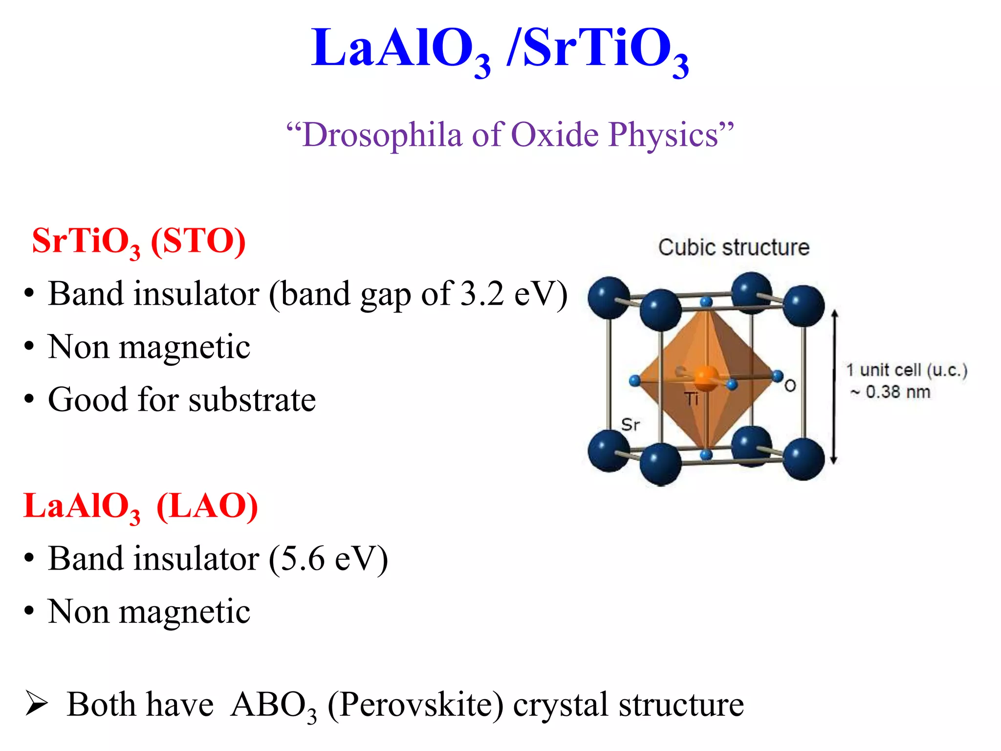 LaAlO3 /SrTiO3
“Drosophila of Oxide Physics”
SrTiO3 (STO)
• Band insulator (band gap of 3.2 eV)
• Non magnetic
• Good for substrate
LaAlO3 (LAO)
• Band insulator (5.6 eV)
• Non magnetic
 Both have ABO3 (Perovskite) crystal structure
 