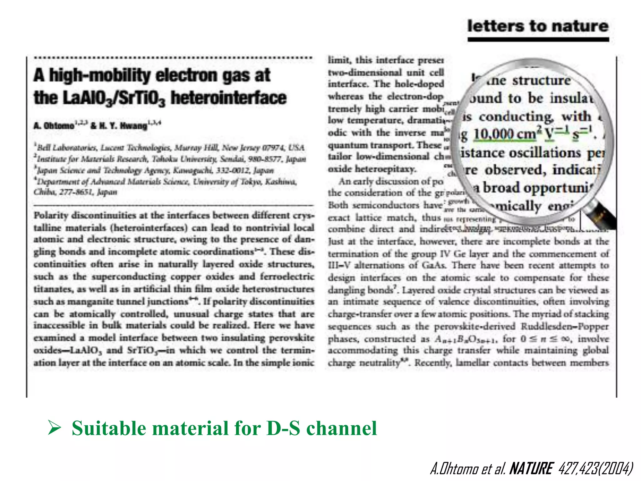 A.Ohtomo et al. NATURE 427,423(2004)
 Suitable material for D-S channel
 