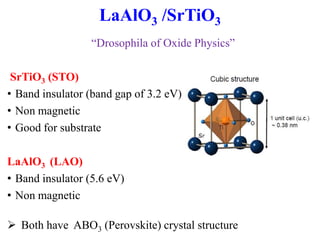 LaAlO3 /SrTiO3
“Drosophila of Oxide Physics”
SrTiO3 (STO)
• Band insulator (band gap of 3.2 eV)
• Non magnetic
• Good for substrate
LaAlO3 (LAO)
• Band insulator (5.6 eV)
• Non magnetic
 Both have ABO3 (Perovskite) crystal structure
 