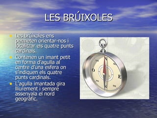 LES BRÚIXOLES Les brúixoles ens permeten orientar-nos i localitzar els quatre punts cardinals. Contenen un imant petit en forma d’agulla al centre d’una esfera on s’indiquen els quatre punts cardinals. L’agulla imantada gira lliurement i sempre assenyala el nord geogràfic. 