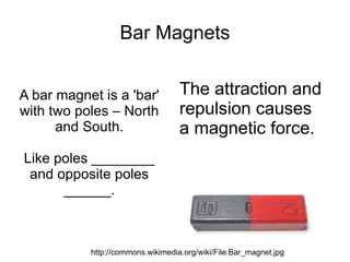 Bar Magnets A bar magnet is a 'bar' with two poles – North and South. Like poles ________ and opposite poles ______. The attraction and repulsion causes a magnetic force. http://commons.wikimedia.org/wiki/File:Bar_magnet.jpg 