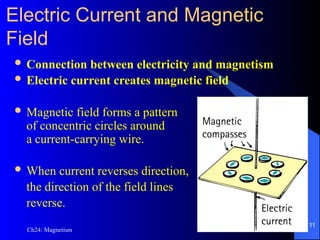 Electric Current and Magnetic
Field
 Connection between electricity and magnetism
 Electric current creates magnetic field
 Magnetic field forms a pattern
of concentric circles around
a current-carrying wire.
 When current reverses direction,
the direction of the field lines
reverse.
Ch24: Magnetism
11
 