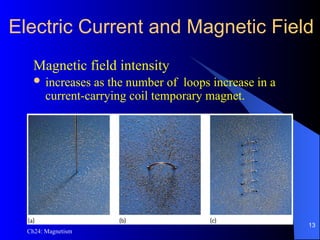 Ch24: Magnetism
Electric Current and Magnetic Field
Magnetic field intensity
 increases as the number of loops increase in a
current-carrying coil temporary magnet.
13
 