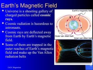 Ch24: Magnetism
Earth’s Magnetic Field
 Universe is a shooting gallery of
charged particles called cosmic
rays.
 Cosmic radiation is hazardous to
astronauts.
 Cosmic rays are deflected away
from Earth by Earth’s magnetic
field.
 Some of them are trapped in the
outer reaches of Earth’s magnetic
field and make up the Van Allen
radiation belts
18
 