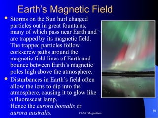 Earth’s Magnetic Field
 Storms on the Sun hurl charged
particles out in great fountains,
many of which pass near Earth and
are trapped by its magnetic field.
The trapped particles follow
corkscrew paths around the
magnetic field lines of Earth and
bounce between Earth’s magnetic
poles high above the atmosphere.
 Disturbances in Earth’s field often
allow the ions to dip into the
atmosphere, causing it to glow like
a fluorescent lamp.
Hence the aurora borealis or
aurora australis. Ch24: Magnetism
19
 