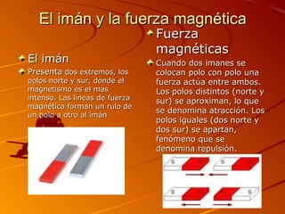 El imán y la fuerza magnéticaEl imán y la fuerza magnética
El imánEl imán
PresentaPresenta dos extremos, losdos extremos, los
polos norte y sur, donde elpolos norte y sur, donde el
magnetismo es el masmagnetismo es el mas
intenso. Las líneas de fuerzaintenso. Las líneas de fuerza
magnética forman un rulo demagnética forman un rulo de
un polo a otro al imánun polo a otro al imán
FuerzaFuerza
magnéticasmagnéticas
Cuando dos imanes seCuando dos imanes se
colocan polo con polo unacolocan polo con polo una
fuerza actúa entre ambos.fuerza actúa entre ambos.
Los polos distintos (norte yLos polos distintos (norte y
sur) se aproximan, lo quesur) se aproximan, lo que
se denomina atracción. Losse denomina atracción. Los
polos iguales (dos norte ypolos iguales (dos norte y
dos sur) se apartan,dos sur) se apartan,
fenómeno que sefenómeno que se
denomina repulsión.denomina repulsión.
 