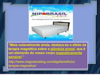 “Mais notavelmente ainda, destaca-se o efeito da
terapia magnética sobre a glândula pineal, que é
um elemento do nosso corpo magneticamente
sensível.”
http://www.magnetosblog.com/tag/beneficios-
terapia-magnetica/
 