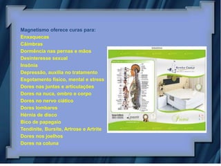 Magnetismo oferece curas para:
Enxaquecas
Câimbras
Dormência nas pernas e mãos
Desinteresse sexual
Insônia
Depressão, auxilia no tratamento
Esgotamento físico, mental e stress
Dores nas juntas e articulações
Dores na nuca, ombro e corpo
Dores no nervo ciático
Dores lombares
Hérnia de disco
Bico de papagaio
Tendinite, Bursite, Artrose e Artrite
Dores nos joelhos
Dores na coluna
 