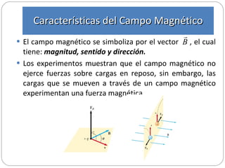 El campo magnético se simboliza por el vector  , el cual tiene:  magnitud, sentido y dirección. Los experimentos muestran que el campo magnético no ejerce fuerzas sobre cargas en reposo, sin embargo, las cargas que se mueven a través de un campo magnético experimentan una fuerza magnética. Características del Campo Magnético 