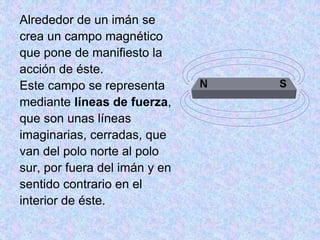 Alrededor de un imán se
crea un campo magnético
que pone de manifiesto la
acción de éste.
Este campo se representa
mediante líneas de fuerza,
que son unas líneas
imaginarias, cerradas, que
van del polo norte al polo
sur, por fuera del imán y en
sentido contrario en el
interior de éste.
 