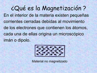 ¿Qué es la Magnetización ?
En el interior de la materia existen pequeñas
corrientes cerradas debidas al movimiento
de los electrones que contienen los átomos,
cada una de ellas origina un microscópico
imán o dipolo.
Material no magnetizado
 