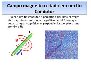 Campo magnético criado em um fio
          Condutor
Quando um fio condutor é percorrido por uma corrente
elétrica, cria-se um campo magnético de tal forma que o
vetor campo magnético é perpendicular ao plano que
contém o fio.
 