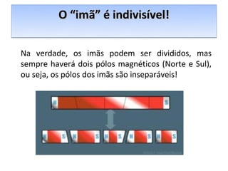 O “imã” é indivisível!

Na verdade, os imãs podem ser divididos, mas
sempre haverá dois pólos magnéticos (Norte e Sul),
ou seja, os pólos dos imãs são inseparáveis!
 