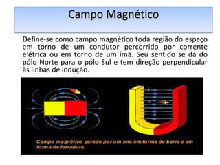 Campo Magnético
Define-se como campo magnético toda região do espaço
em torno de um condutor percorrido por corrente
elétrica ou em torno de um ímã. Seu sentido se dá do
pólo Norte para o pólo Sul e tem direção perpendicular
às linhas de indução.
 