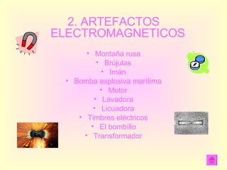 2. ARTEFACTOS ELECTROMAGNETICOS Montaña rusa Brújulas Imán Bomba explosiva marítima Motor Lavadora Licuadora Timbres eléctricos El bombillo Transformador 