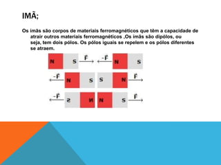 IMÃ;
Os ímãs são corpos de materiais ferromagnéticos que têm a capacidade de
atrair outros materiais ferromagnéticos ,Os ímãs são dipólos, ou
seja, tem dois pólos. Os pólos iguais se repelem e os pólos diferentes
se atraem.
 