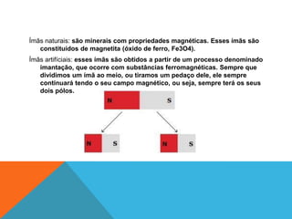 Ímãs naturais: são minerais com propriedades magnéticas. Esses ímãs são
constituídos de magnetita (óxido de ferro, Fe3O4).
Ímãs artifíciais: esses ímãs são obtidos a partir de um processo denominado
imantação, que ocorre com substâncias ferromagnéticas. Sempre que
dividimos um ímã ao meio, ou tiramos um pedaço dele, ele sempre
continuará tendo o seu campo magnético, ou seja, sempre terá os seus
dois pólos.
 