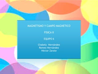 MAGNETISMO Y CAMPO MAGNETICO
FISICA II
EQUIPO 6
Chabely Hernández
Romeo Hernández
Héctor Zarate

 
