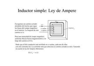 Inductor simple: Ley de Ampere 
Escogemos un camino cerrado 
alrededor del núcleo que sigue 
las líneas del campo magnético 
en el interior. La longitud de este 
camino es lm 
n vueltas 
o espiras 
longitud 
Para una intensidad de campo magnético 
uniforme H(t),la fuerza magnetomotriz a lo 
largo del camino es H lm 
Dado que el hilo conductor está arrollado en n vueltas, cada una de ellas 
con una corriente i(t). La corriente neta que atraviesa el camino cerrado es ni(t). Teniendo 
en cuenta la ley de Ampere obtenemos: 
 