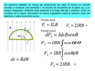 Un alambre doblado en forma de semicírculo de radio R forma un circuito
cerrado y conduce una corriente I. el circuito se encuentra en el plano xy, y un
campo magnético uniforme está presente a lo largo del eje y positivo, como se
muestra en la figura. Encuentre la fuerza magnética sobre la porción recta del
alambre y sobre la porción curva.
I
B
Porción recta:
ILBF =1
θ
dθ
θ
ds Porción curva:
θIdsBsendF =2
∫= θθdsenIBRF2
θRdds =
∫=
π
θθ
0
2 dsenIBRF
IRBF 21 =
IRBF 22 = ⊗
•
 