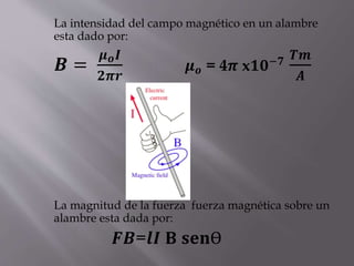 La intensidad del campo magnético en un alambre
esta dado por:
𝑩 =
𝝁 𝒐 𝑰
𝟐𝝅𝒓
𝝁 𝒐 = 4𝝅 x𝟏𝟎−𝟕 𝑻𝒎
𝑨
La magnitud de la fuerza fuerza magnética sobre un
alambre esta dada por:
𝑭𝑩=𝒍𝑰 𝐁 𝐬𝐞𝐧Ɵ
 