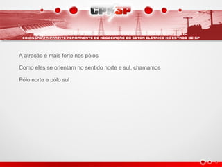 A atração é mais forte nos pólos
Como eles se orientam no sentido norte e sul, chamamos
Pólo norte e pólo sul
 