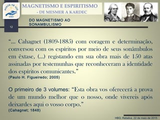 HBG; Rebelva, 22 de maio de 2015
MAGNETISMO E ESPIRITISMO
- DE MESMER A KARDEC
12
“… Cahagnet (1809-1885) com coragem e determinação,
conversou com os espíritos por meio de seus sonâmbulos
em êxtase, (…) registando em sua obra mais de 150 atas
assinadas por testemunhas que reconheceram a identidade
dos espíritos comunicantes.”
(Paulo H. Figueiredo; 2005)
O primeiro de 3 volumes: “Esta obra vos oferecerá a prova
de um mundo melhor que o nosso, onde vivereis após
deixardes aqui o vosso corpo.”
(Cahagnet; 1848)
DO MAGNETISMO AO
SONAMBULISMO
 