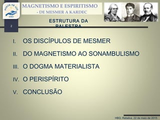 HBG; Rebelva, 22 de maio de 2015
MAGNETISMO E ESPIRITISMO
- DE MESMER A KARDEC
ESTRUTURA DA
PALESTRA
I. OS DISCÍPULOS DE MESMER
II. DO MAGNETISMO AO SONAMBULISMO
III. O DOGMA MATERIALISTA
IV. O PERISPÍRITO
V. CONCLUSÃO
2
 